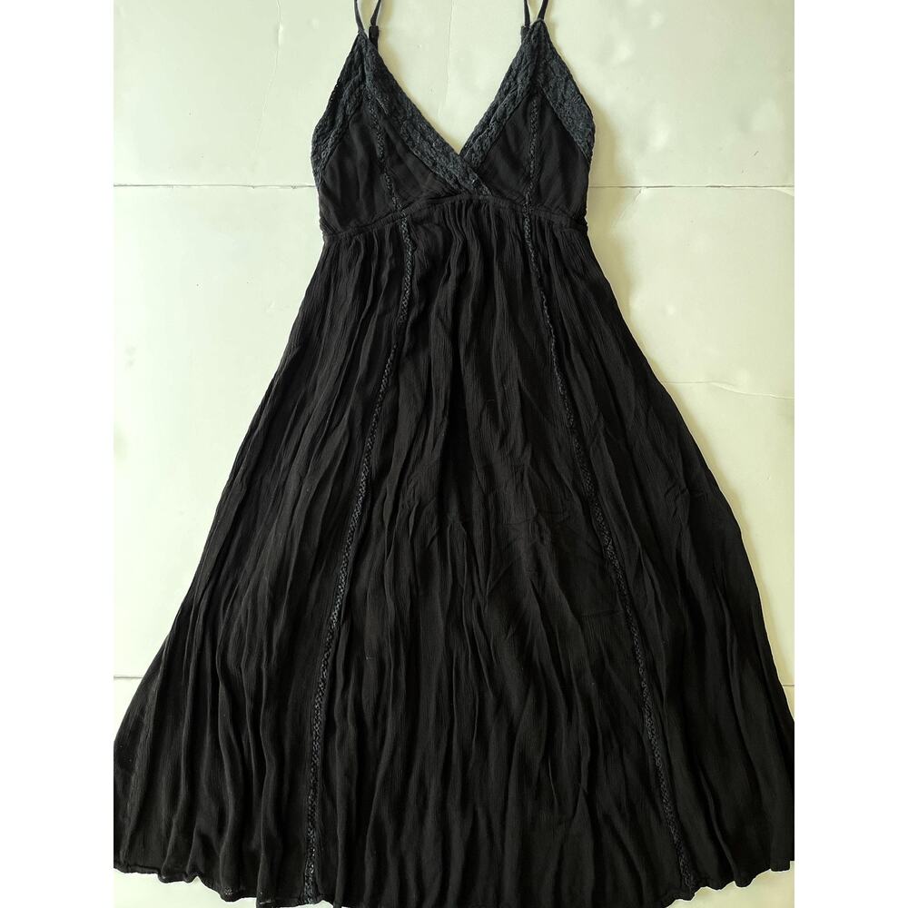 YOUNG USA Dress Womens S/M Black Crochet Trim Maxi Sundress Lined Boho Summer